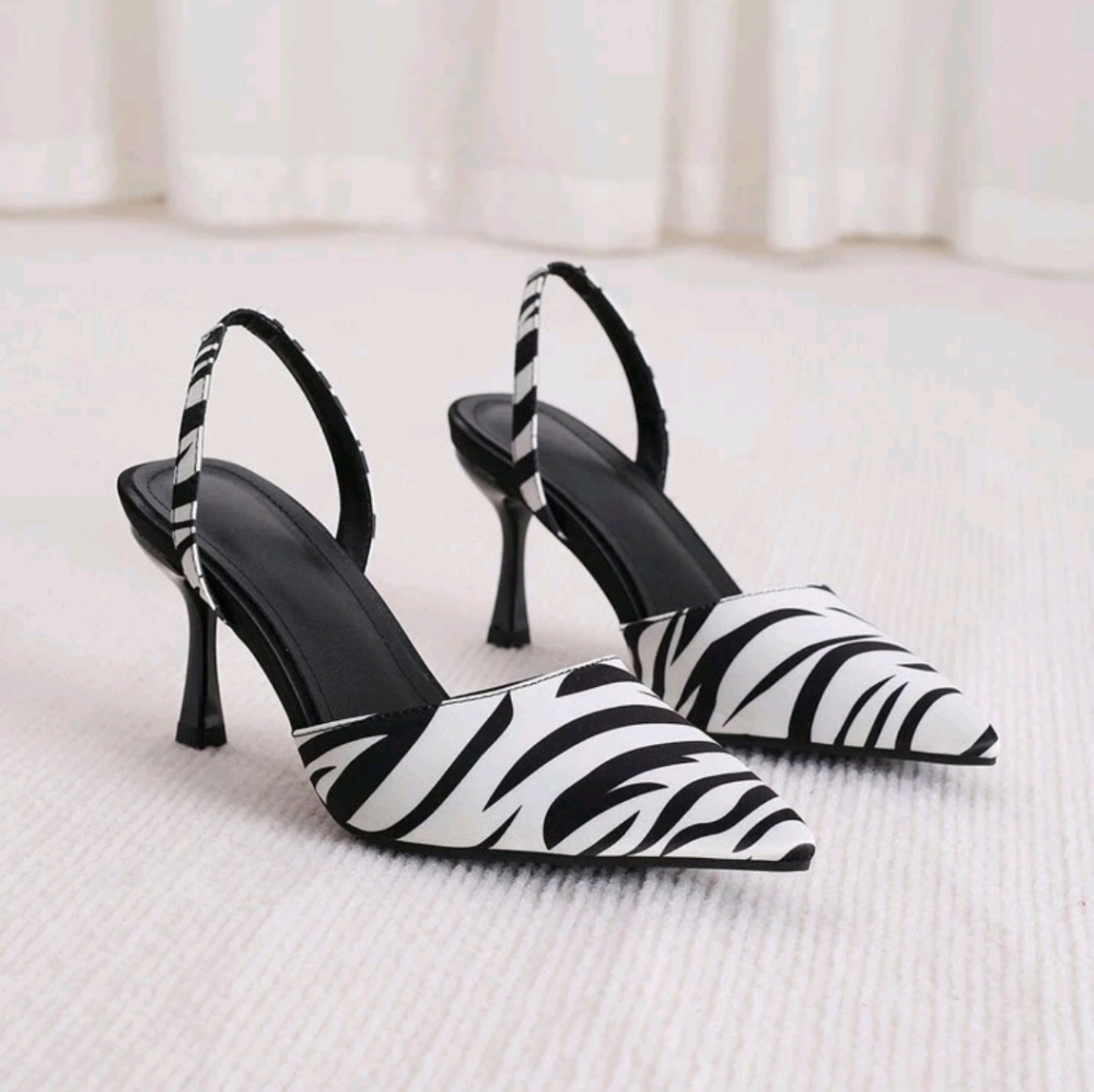 Zebra Stripe Satin Point Toe Pyramid Heeled Slingback Pumps, Women's Elegant Zeb